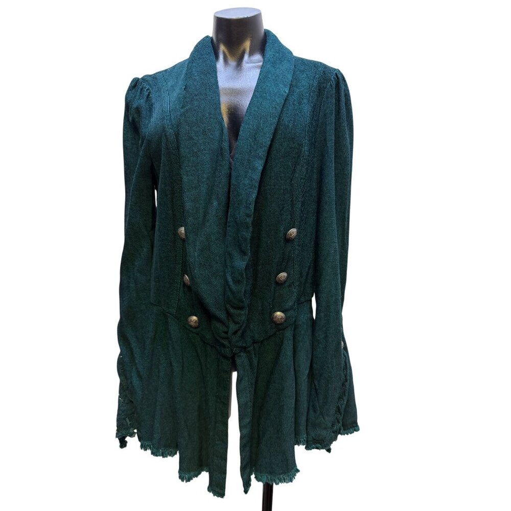 Free People Green Open Front Jacket With Button Embellishments & Flared Sleeves